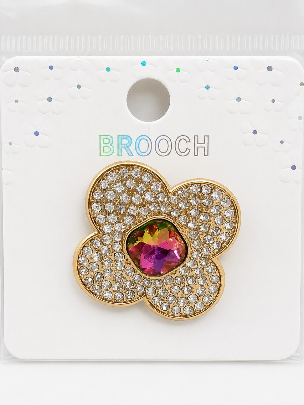 Gold Tone Rhinestone Flower Brooch Pin with Iridescent Crystal Center Pink